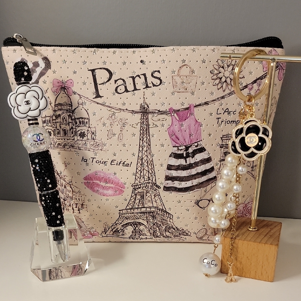 Chic Boujee Gift Set Paris Cosmetic Bag Fancy handmade Pen Flower Bag Charm Key